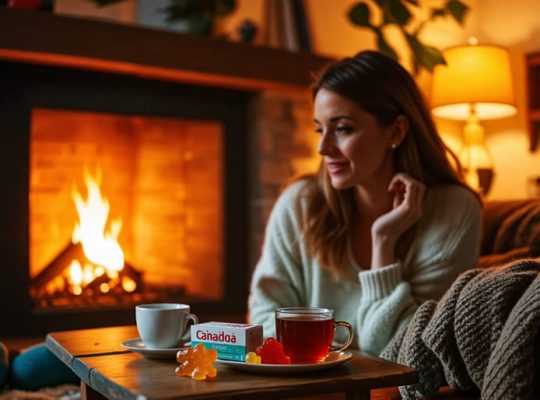 Canadian mother relaxing in a cozy living room with CBD and THC gummies next to her, highlighting safe usage during a peaceful evening.