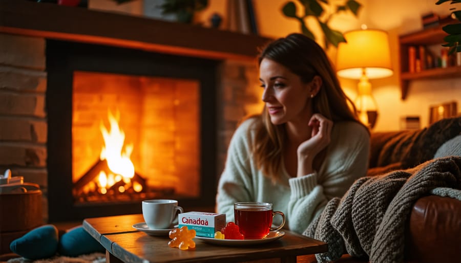 Canadian mother relaxing in a cozy living room with CBD and THC gummies next to her, highlighting safe usage during a peaceful evening.