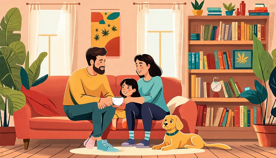 A parent and child having a thoughtful discussion about THC in a cozy living room, promoting open dialogue and an approachable environment.