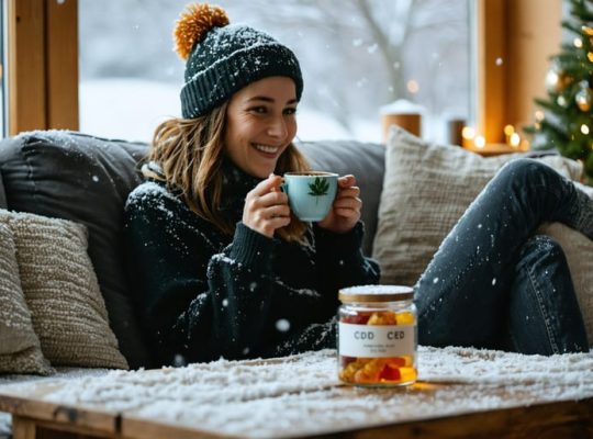 A Canadian mother sitting on a couch, enjoying a calming moment with a cup of tea and a bottle of CBD gummies on the table during a snowy evening.