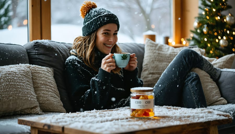 A Canadian mother sitting on a couch, enjoying a calming moment with a cup of tea and a bottle of CBD gummies on the table during a snowy evening.