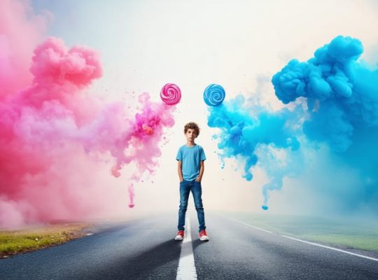 A teenage boy is depicted standing at a crossroads, contemplating two paths: one path leads to enticing vapes and flavor representations, while the other path leads to a healthy lifestyle filled with sports, books, and community symbols, illustrating the choice teens face regarding vaping.