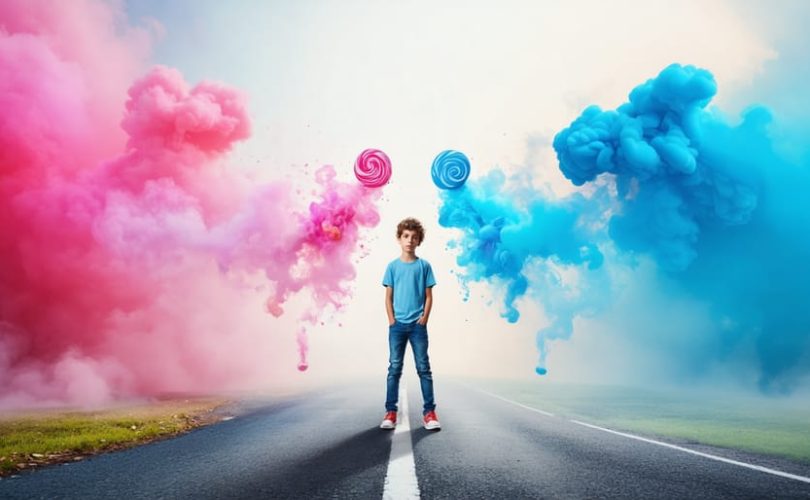 A teenage boy is depicted standing at a crossroads, contemplating two paths: one path leads to enticing vapes and flavor representations, while the other path leads to a healthy lifestyle filled with sports, books, and community symbols, illustrating the choice teens face regarding vaping.