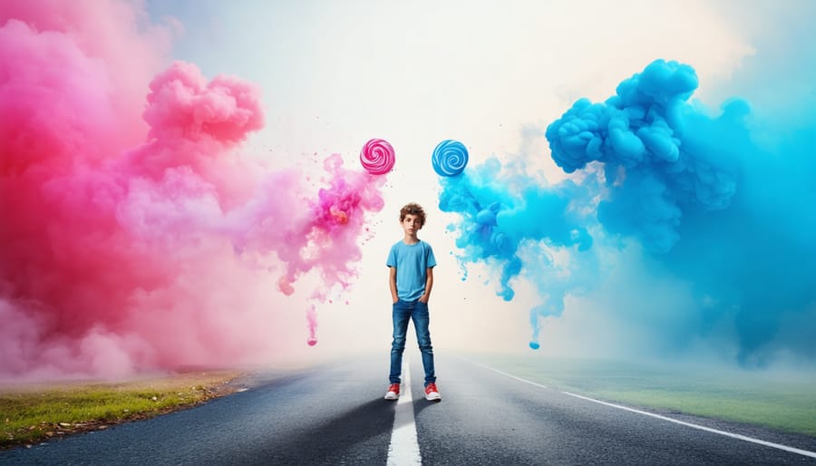 A teenage boy is depicted standing at a crossroads, contemplating two paths: one path leads to enticing vapes and flavor representations, while the other path leads to a healthy lifestyle filled with sports, books, and community symbols, illustrating the choice teens face regarding vaping.