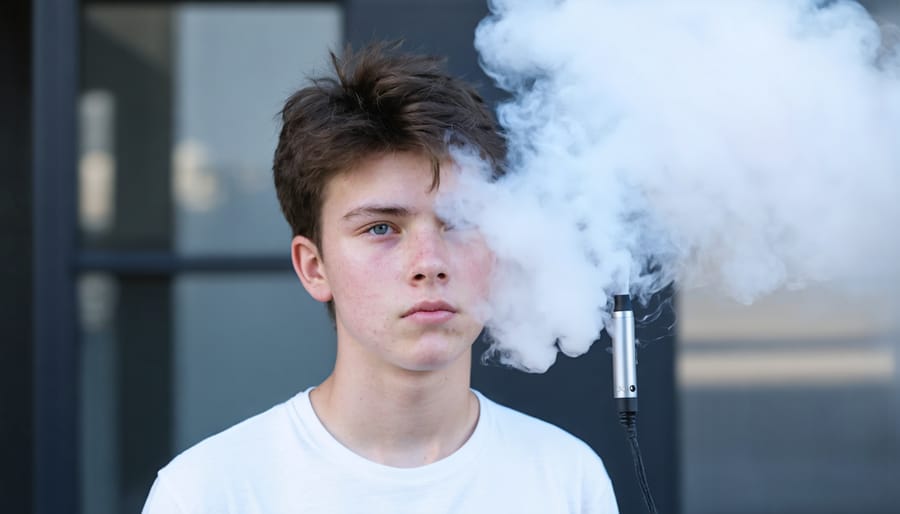 Teenage boy holding a vape pen with a concerned look on his face, representing the discussion on teenage vaping issues